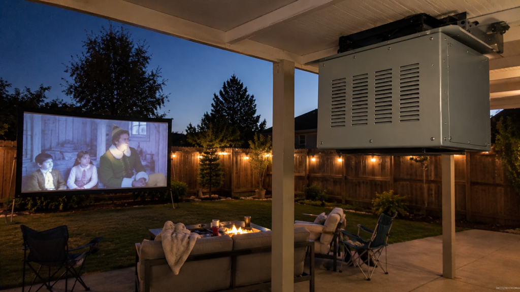 Casual backyard movie night with a climate controlled projector enclosure mounted under a covered patio.