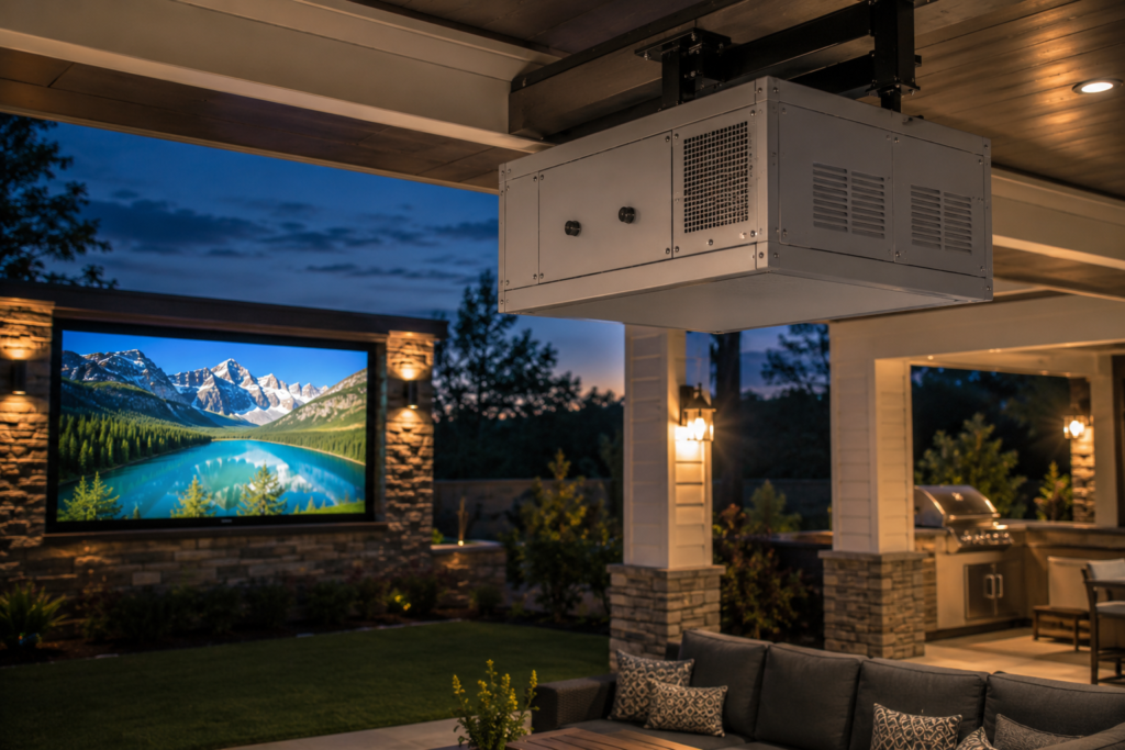 Climate controlled Defender Series style projector enclosure mounted behind an outdoor home theatre with the projector aimed toward the screen.