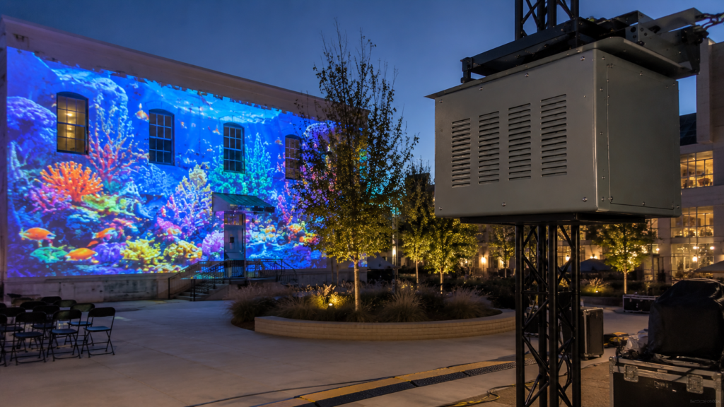Climate controlled projector enclosure mounted on truss for an outdoor projection mapping installation.