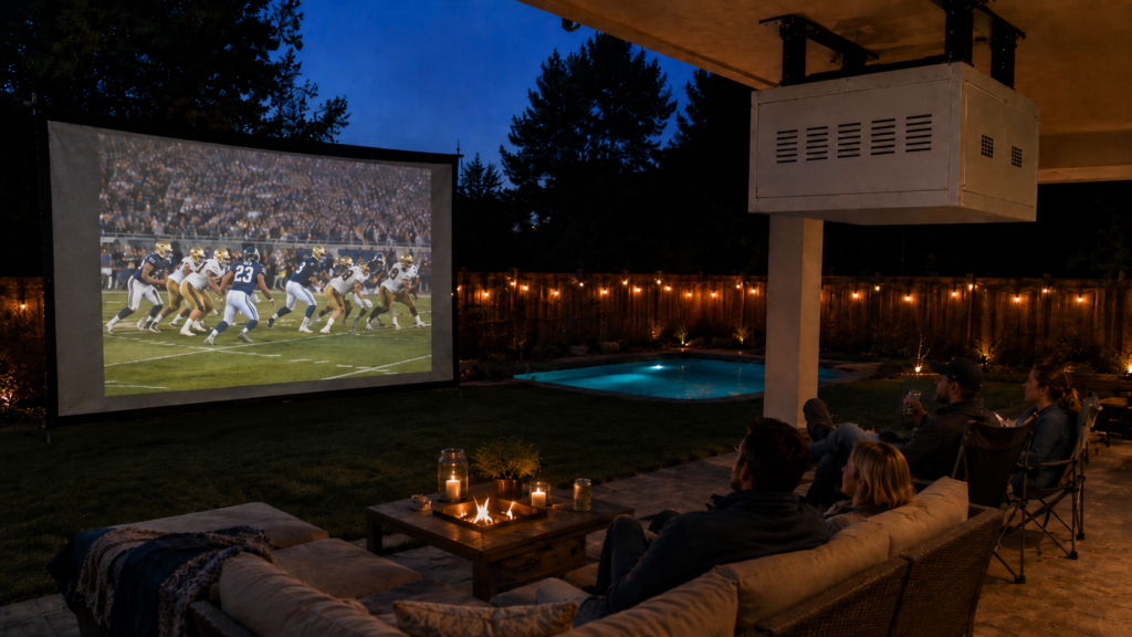 Climate controlled projector enclosure projecting a football game onto an outdoor backyard screen for sports viewing.