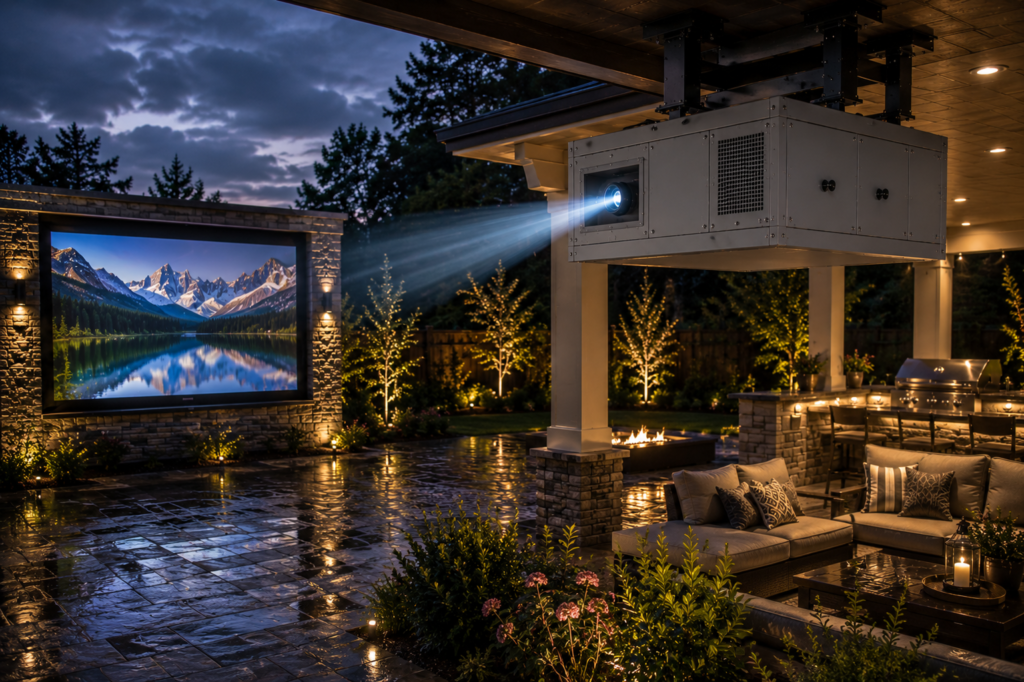 Climate controlled projector enclosure protecting an outdoor home theatre projector from rain and dust while projecting onto a backyard screen.