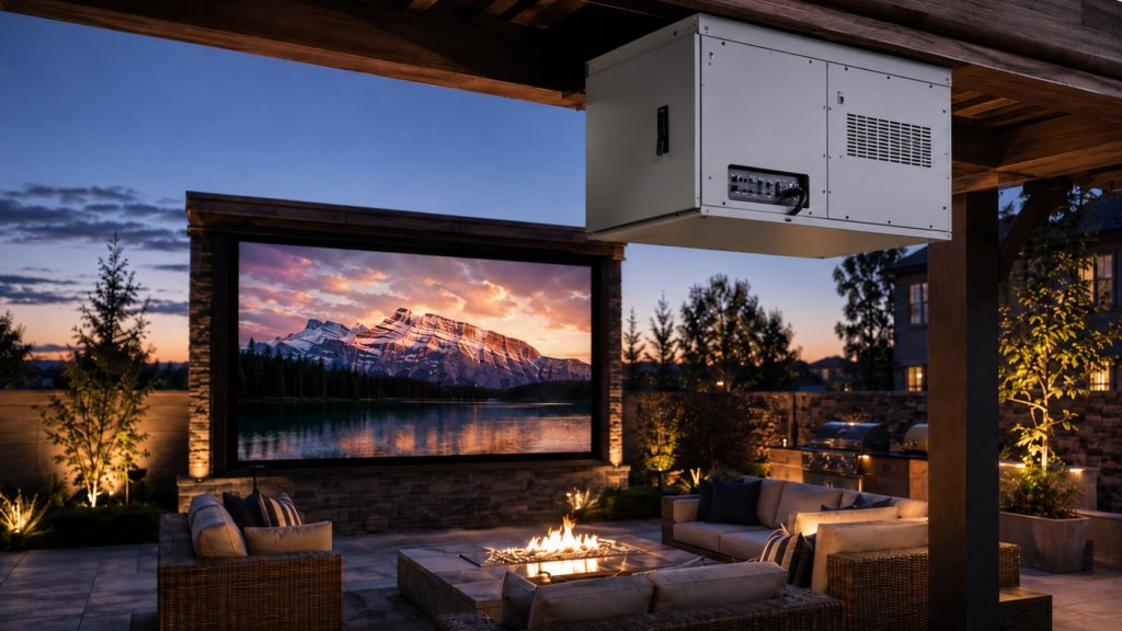 Climate controlled projector enclosure protecting an outdoor home theatre projector with the lens facing the backyard projection screen.