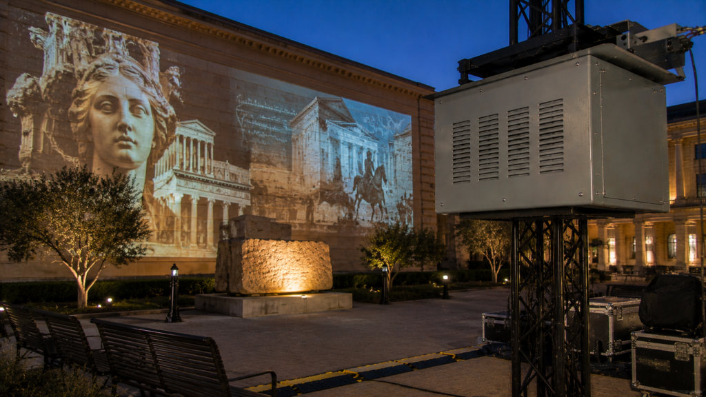 Climate controlled projector enclosure supporting museum projection mapping in an outdoor exhibit courtyard.