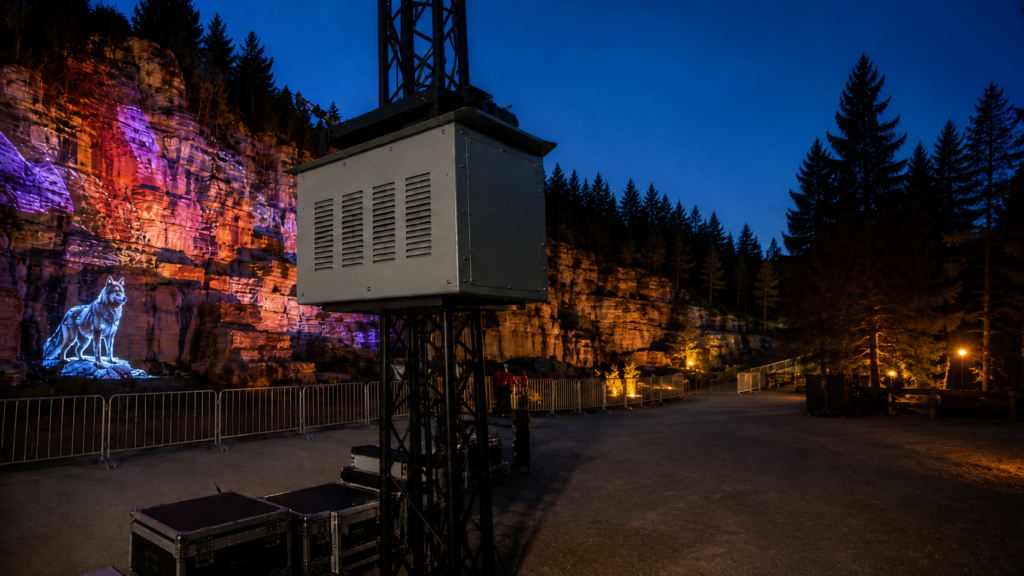 Climate controlled projector enclosure supporting projection mapping for a theme park attraction.