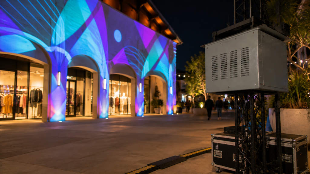 Climate controlled projector enclosure supporting retail storefront projection mapping for an outdoor brand display.