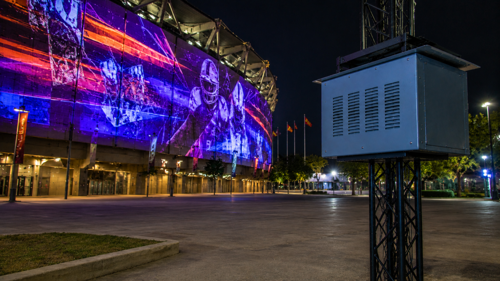Climate controlled projector enclosure supporting stadium projection mapping for a large outdoor sports venue.