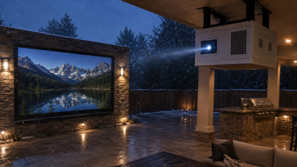 Cold-weather outdoor home theatre with a climate controlled projector enclosure projecting through an acrylic window toward the screen.