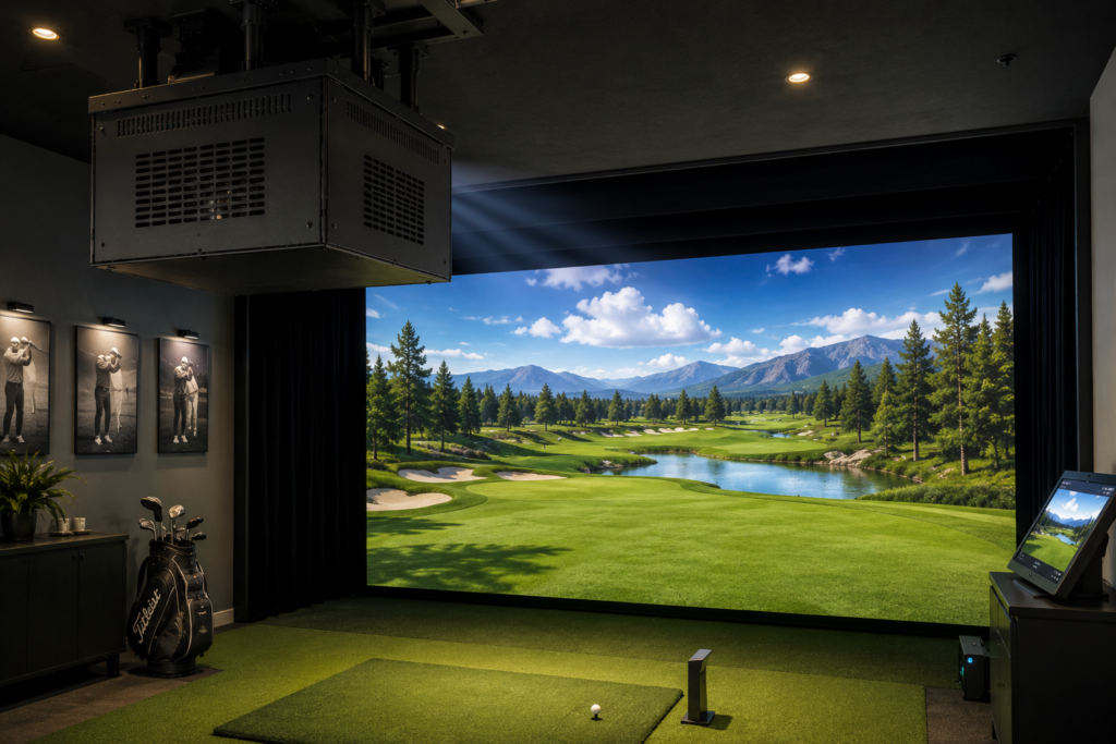 Fan-cooled projector enclosure installed above an indoor golf simulator with the display as the main focus.