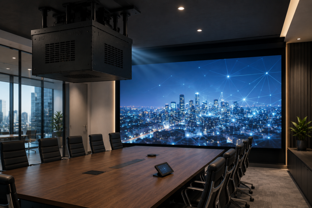 Fan-cooled projector enclosure installed in a corporate boardroom with the projected display as the main focus.