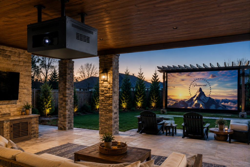 Fan-cooled projector enclosure installed in a covered outdoor home theater setup