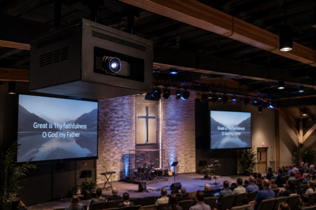 Fan-cooled projector enclosure installed in a modern church sanctuary AV system.