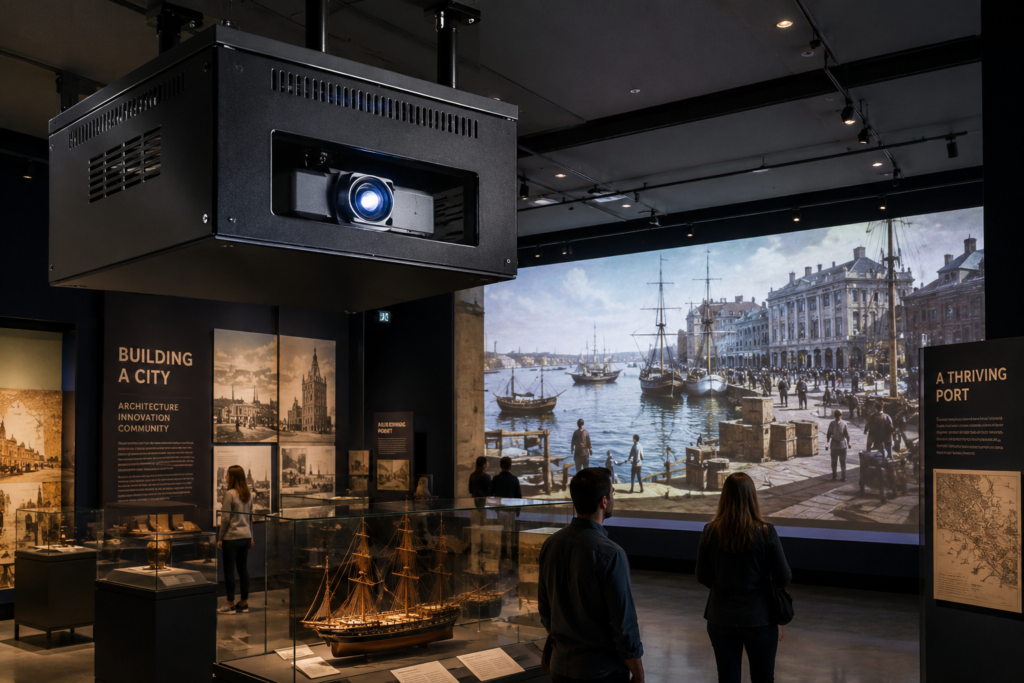 Fan-cooled projector enclosure installed in a museum exhibit projection room