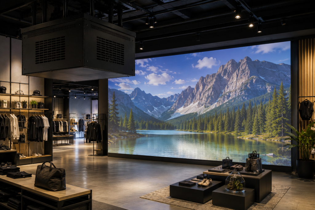 Fan-cooled projector enclosure installed in a retail showroom with the projected display as the main focus