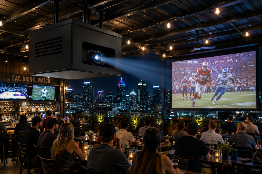 Fan-cooled projector enclosure installed in a rooftop restaurant patio with the projector lens facing the screen.