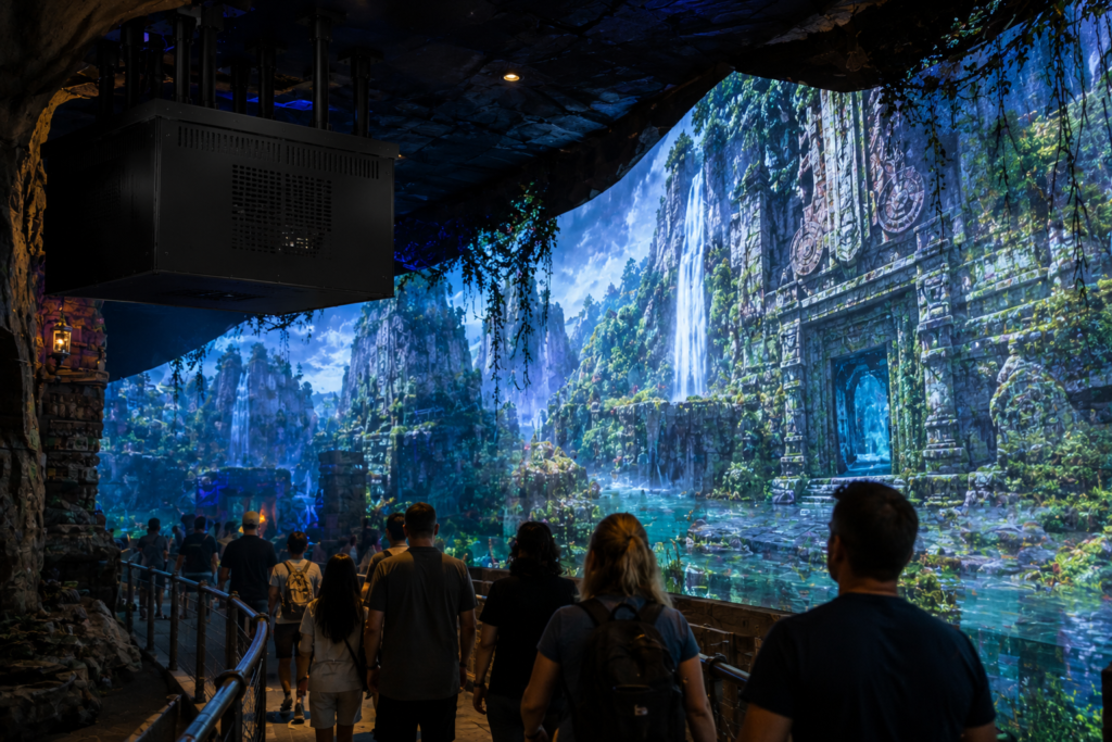 Fan-cooled projector enclosure installed in a theme park attraction with the projector lens facing the projection surface.