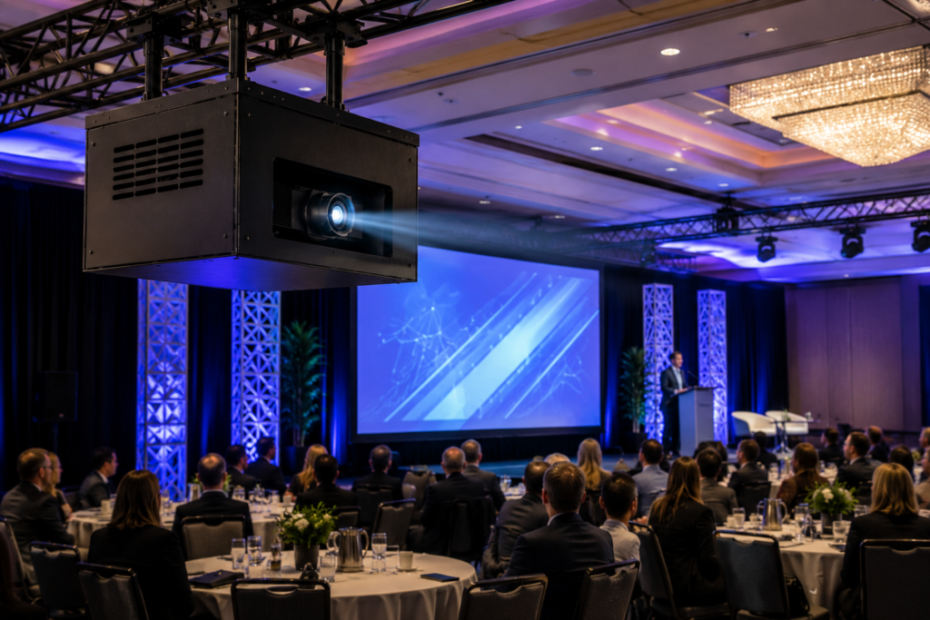 Fan-cooled projector enclosure installed in an event venue with the projector lens facing the screen.