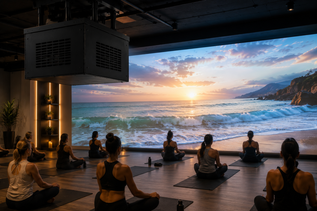 Fan-cooled projector enclosure installed in an immersive fitness studio with the projected display as the main focus.