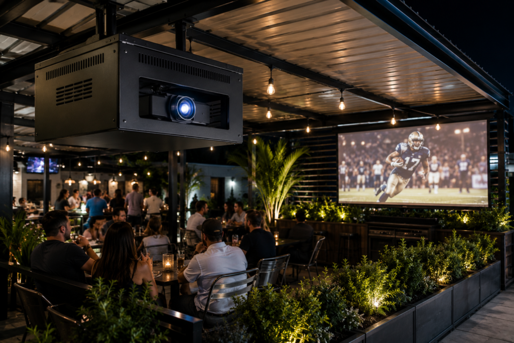 Fan-cooled projector enclosure mounted in a covered outdoor movie patio setup