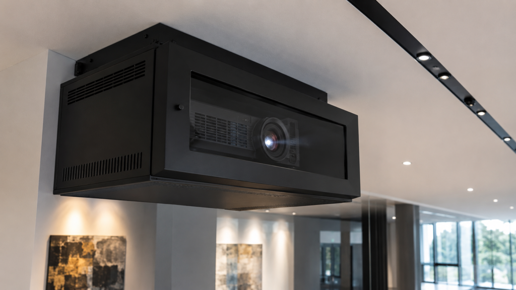Fan cooled projector enclosure protecting a commercial projector in a professional indoor installation