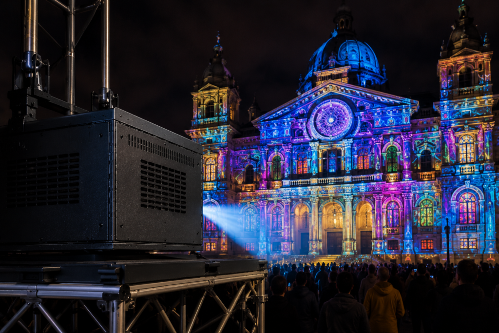Fan-cooled projector enclosure used for building projection mapping with the projected façade as the main focus.
