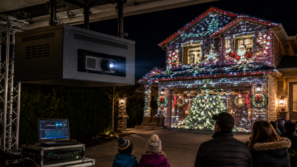 Fan-cooled projector enclosure used for holiday projection mapping on a home façade.