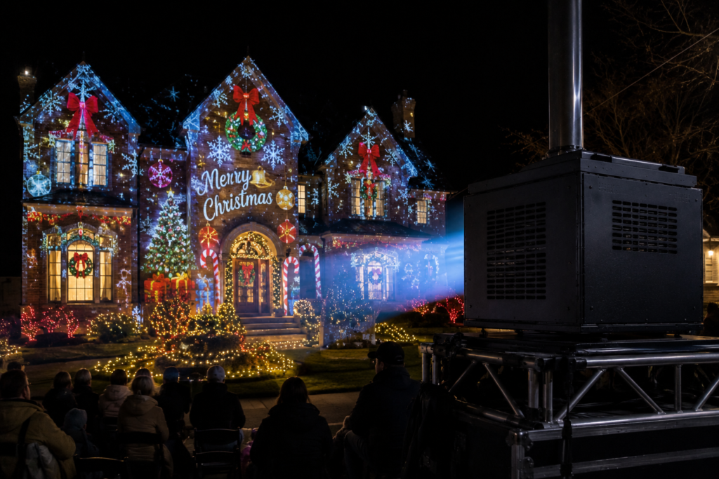 Fan-cooled projector enclosure used for holiday projection mapping with the projected building as the main focus.