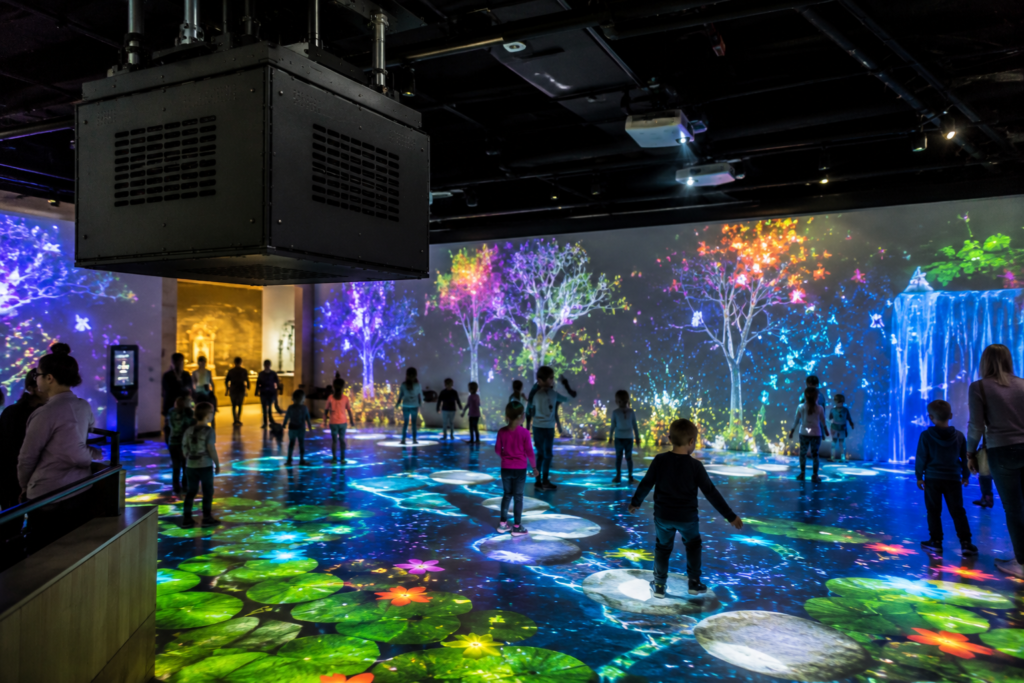 Fan-cooled projector enclosure used for interactive projection mapping with responsive projected visuals as the main focus.