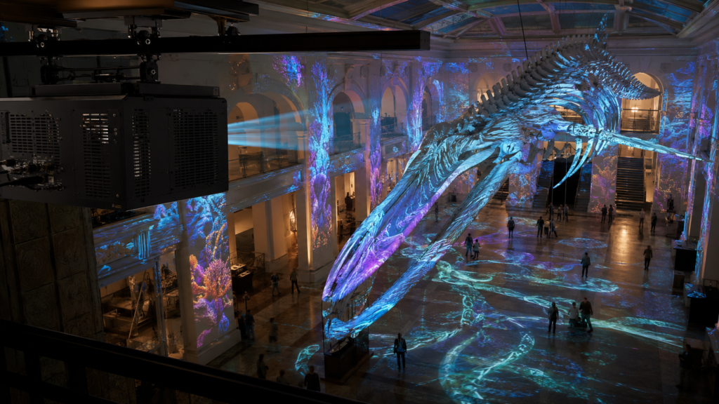 Fan-cooled projector enclosure used for museum projection mapping with the projected exhibit as the main focus.