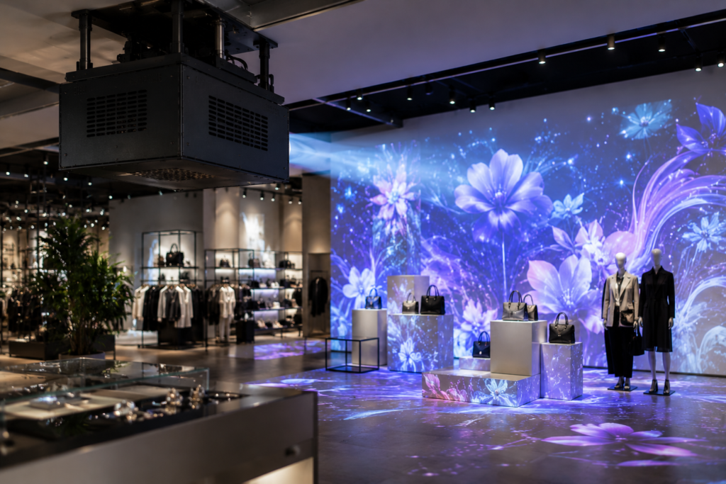 Fan-cooled projector enclosure used for retail projection mapping with the projected display as the main focus.