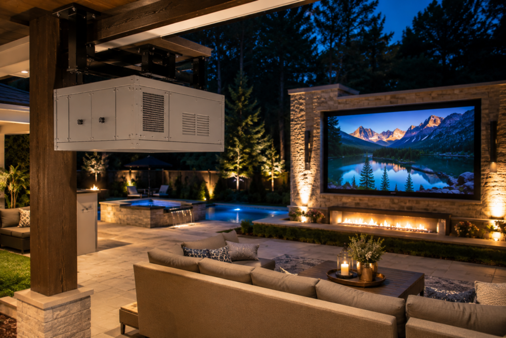 Permanent outdoor home theatre with a Defender Series style climate controlled projector enclosure aimed toward the backyard screen.