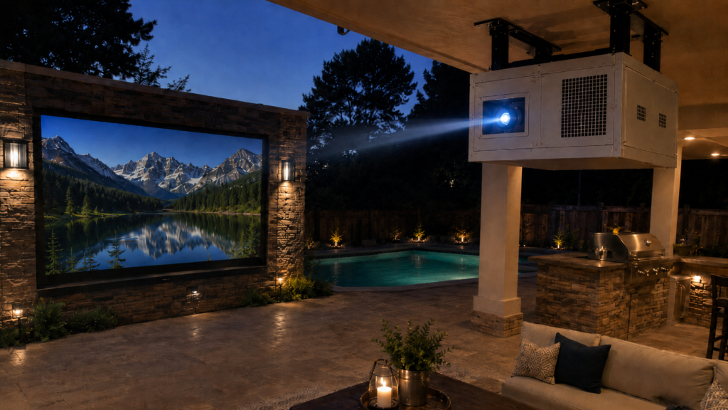 Poolside outdoor home theatre with a climate controlled projector enclosure projecting through an acrylic window toward the screen.