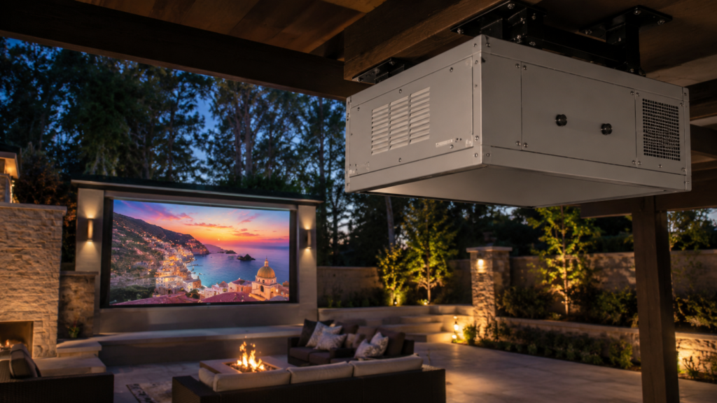 SSI Defender Series style climate controlled projector enclosure protecting an outdoor home theatre projector from heat and humidity.