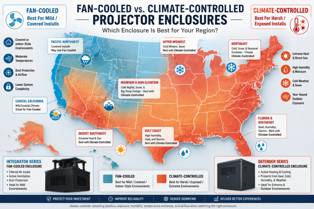 U.S. map showing where fan-cooled and climate-controlled projector enclosures are best suited by region.