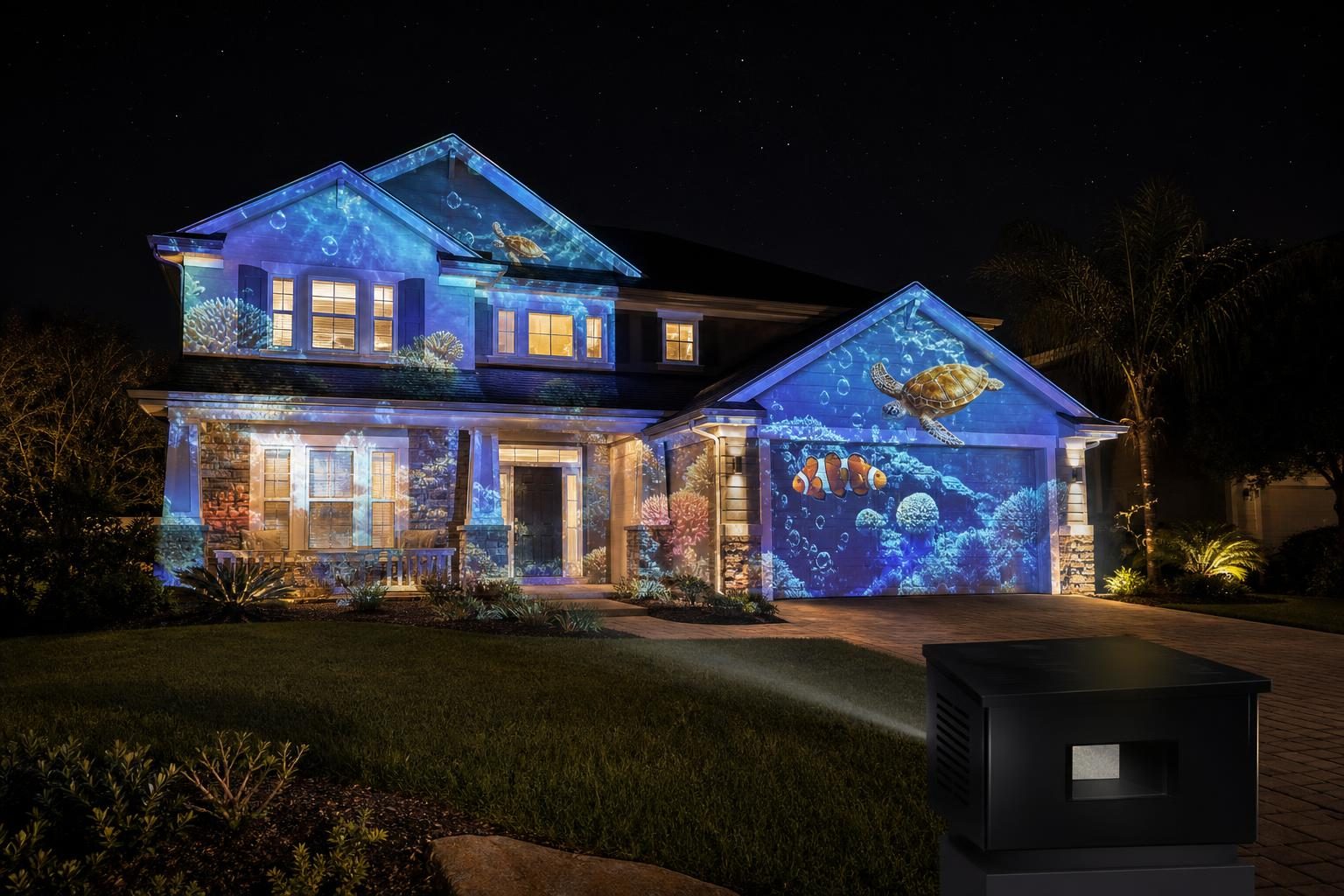 Residential house projection mapping with projector enclosure example