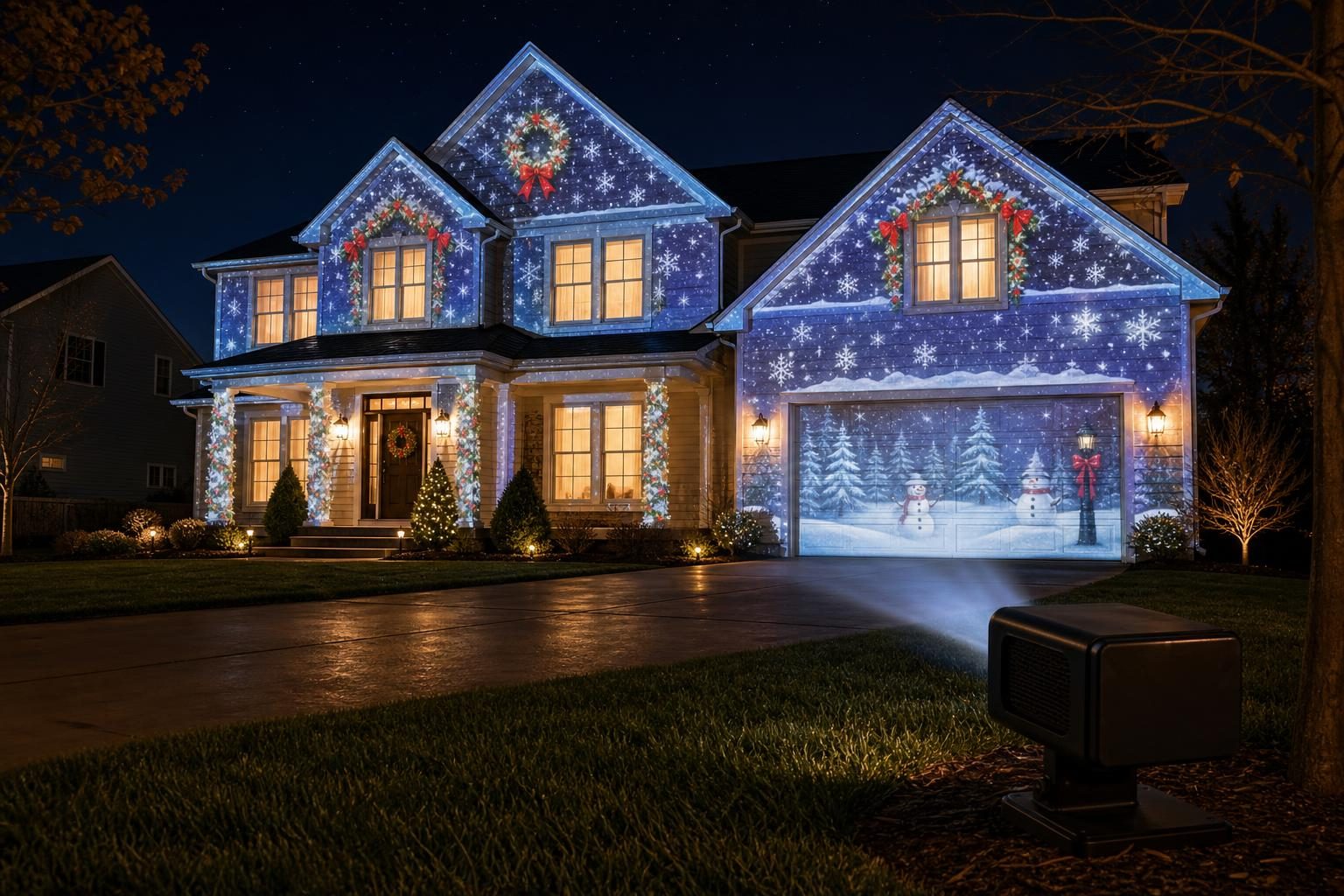 Residential holiday house projection mapping with projector enclosure example
