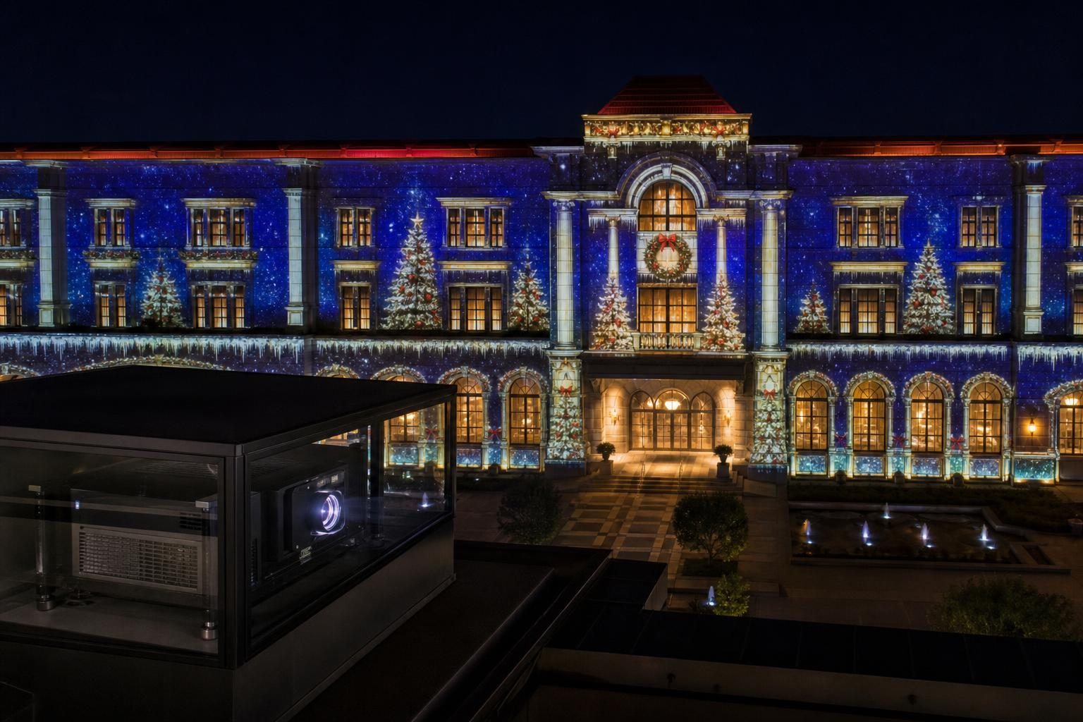 Commercial holiday projection mapping with projector enclosure example
