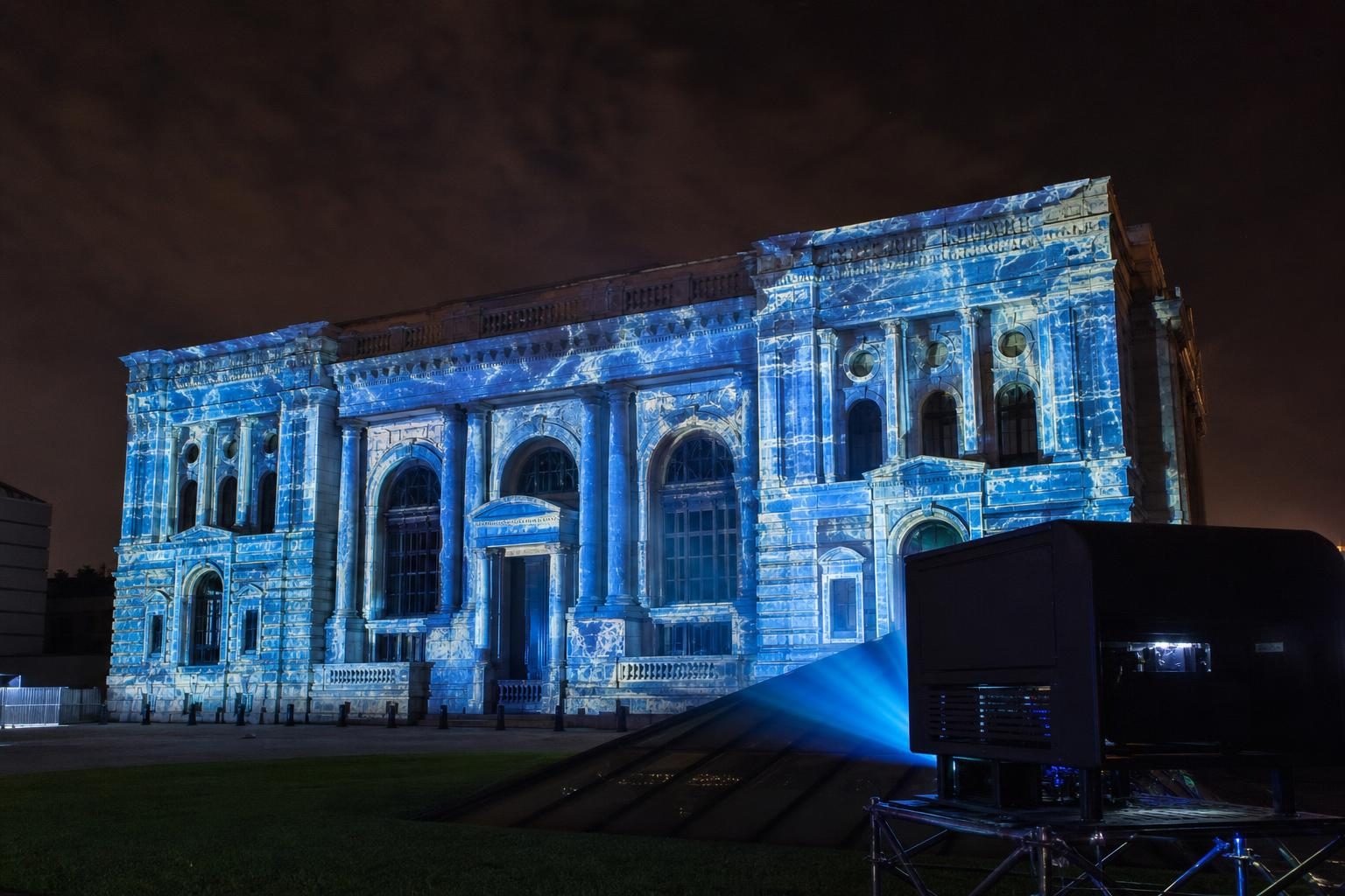 Commercial architectural projection mapping with protected projector enclosure example