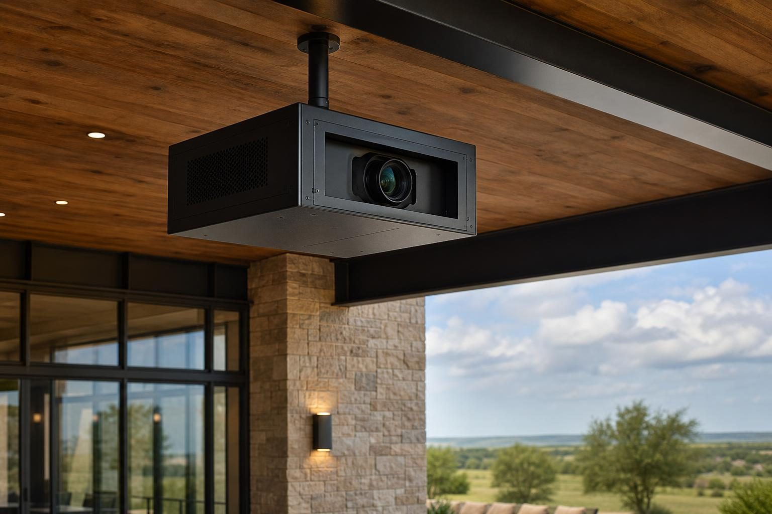 Concept visualization of a fan-cooled projector enclosure in a covered commercial AV environment