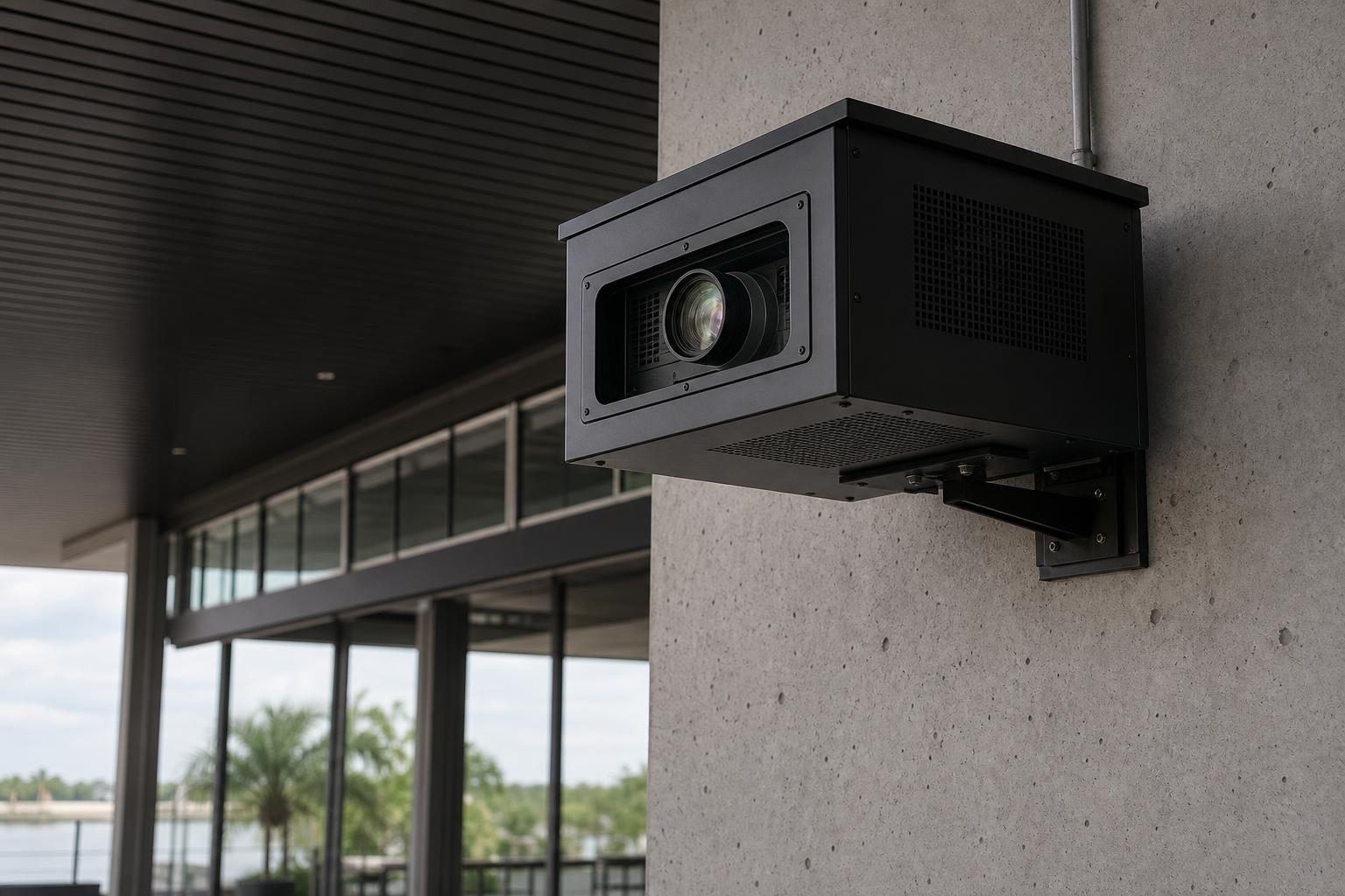 Concept visualization of a fan-cooled projector enclosure in a covered Houston-relevant commercial AV concourse